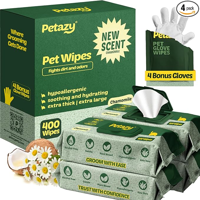 Petazy Pet Wipes for Dogs and Cats – 400 Count (8x8in) Hypoallergenic, Deodorizing Dog Wipes for Paws, Ears and Butt | XL with Aloe & Coconut Oil, Chamomile Scented | Includes 4 Grooming Glove Wipes