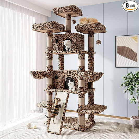 Allewie 82 Inches Large Cat Tree/House/XXL Tall Cat Towers for Big Feline/Scratching Post/Multi-Level Large Kitty Climbing Tree with Condo/Leopard Print