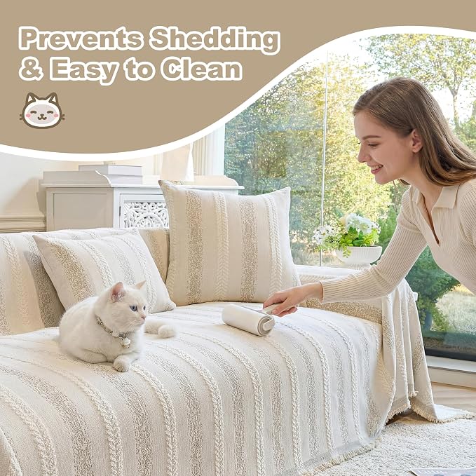 Couch Cover for Dogs Washable Sofa Cover, Sectional Couch Covers, Sofa Covers for 2 Cushion Couch, Non Slip Stripe Sofa Slipcovers Furniture Protector (Beige, 91 * 118)