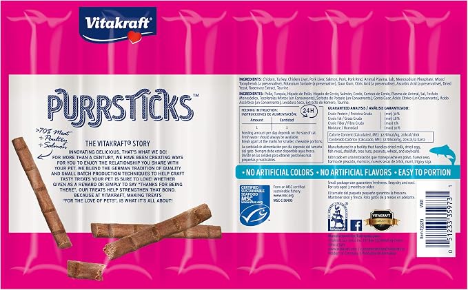Vitakraft PurrSticks Chicken Recipe with Salmon Cat Treats – Over 70% Real Meat - Chicken, Liver & Salmon - Segmented for Portion Control, Premium - Indoor Treats - Snacking, Travel, Vet & Visits.