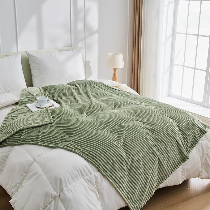 Bnuitland Sage Green Fleece Throw Blanket for Couch, 300GSM Soft Warm Cozy Fluffy Throw for Adults & Kids, Stripe Pattern 50"x60", All Season Sofa Bed Blanket for Home Decor