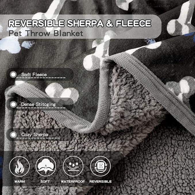 Waterproof Dog Blankets Pet Blanket 50"x60", Soft Fluffy Sofa Car Bed Protector, Reversible Sherpa Fleece Dog Blanket for Large Dogs(Navy Paws)