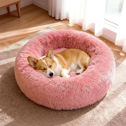 Donut Dog Bed Medium Size Dog, Round Cat Beds for Small Medium Dogs and Cats with Washable Fluffy Faux Fur, Cute Comfort Pet Bed with Anti-Slip Bottom, Pink, 30"