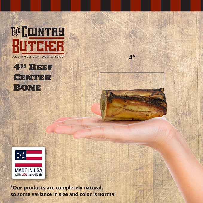 THE COUNTRY BUTCHER 4" Beef Marrow Dog Bones for Aggressive Chewers, Large and Medium Breed Dog Treat, Natural, Tough, Chew Toy, Made in the USA, 3 Count