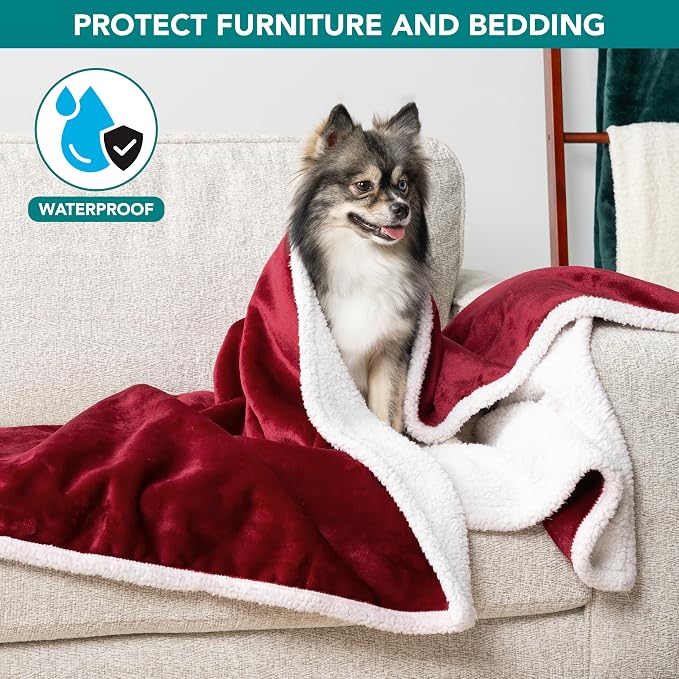 PetAmi Waterproof Dog Blanket for Couch, Pee Proof Sherpa Fleece Reversible Pet Throw, Furniture Protector for Bed Sofa Kennel, Soft Washable Cover for Small Medium Dog Puppy Cat, 29x40 Wine Red