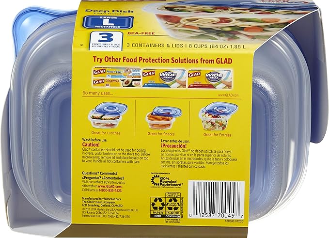 Glad GladWare Deep Dish Food Storage Containers Lids Large Rectangle BPA Free Meal Prep Microwave Dishwasher Safe Lock Tight Seal 64 OZ 3 Count 6 Pack