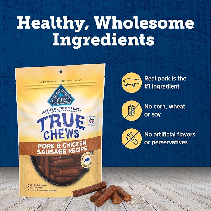 Blue Buffalo True Chews Dog Treats, Made in the USA with Natural Ingredients, Pork and Chicken Sausage Recipe, 14-oz Bag