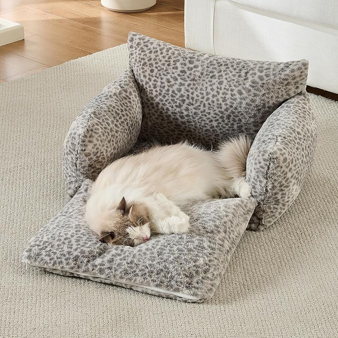 Hollypet Cat Bed Fluffy Plush Multifunctional Double-Layer Machine Washable Soft Warming Kitty Pet Couch Orthopedic Nest Beds for Small Cats Kitten and Dogs up to 13lbs, Snow Leopard(25x20x13 inch)