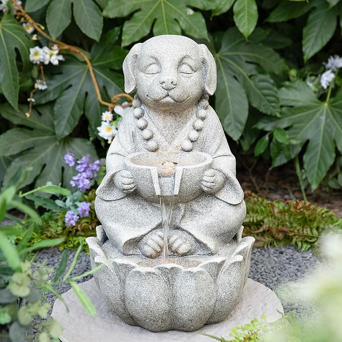 Glitzhome Water Fountain Outdoor, Outdoor Fountain with Lights&Pump, 22" H 2-Tiered Concrete Dog Statue Zen-Style Water Fountain Polyresin Water Feature for Home Patio Garden Backyard Decor