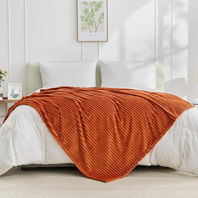 Bnuitland Burnt Orange Fleece Throw Blanket, 300GSM Soft Warm Cozy Fluffy Throw for Babys & Pets, Stripe Pattern 50"x40", All Season Sofa Bed Blanket for Home Decor