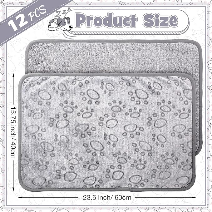 Tegeme 12 Pcs Pet Blankets 23 x 16 Inch Soft Fluffy Fleece Dog Cat Warm Paw Print Pattern Blankets Flannel Throw for Pets Dog Puppy Cat(Gray)