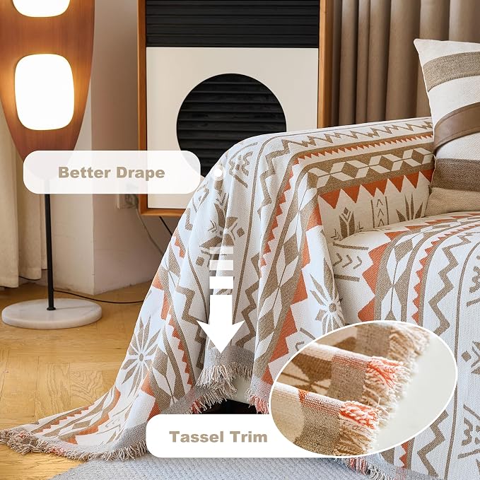 Couch Cover for Dogs Washable Sofa Cover, Sectional Couch Covers, Sofa Covers for 2 Cushion Couch, Non Slip Stripe Sofa Slipcovers Furniture Protector (Khaki Orange, 91 * 71)