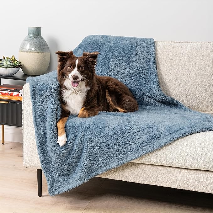 PetAmi Fluffy Waterproof Dog Blanket for Couch and Bed, Reversible Sherpa Pet Throw, Pee Proof Furniture Protector Sofa Cover, Washable Cat Blanket for Medium Large Dogs and Cats (Dusty Blue, 40x60)