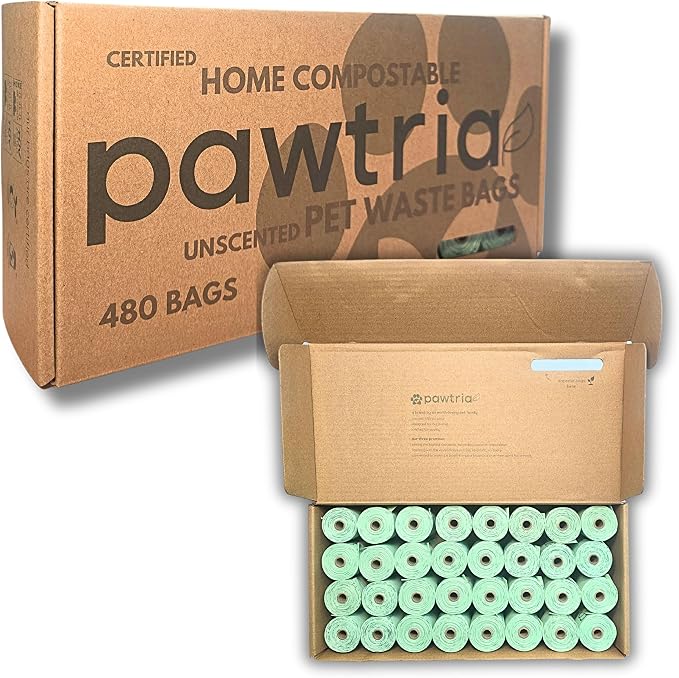Pawtria Certified Home Compostable Dog Poop Bags (480), Poop Bags for Dogs, Cat Litter, Vegetable Starches, Dog Waste Bags, Leakproof, Easy to Open, Give Back
