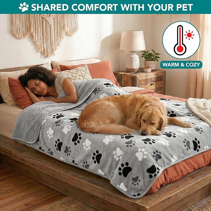 PetAmi Premium Waterproof Dog Blanket for Large Dogs, Reversible Sherpa & Flannel Fleece, Leakproof Pet Throw for Couch Protection, Soft Plush Furniture Protector for Cats, Washable, 60x80 Paw Grey