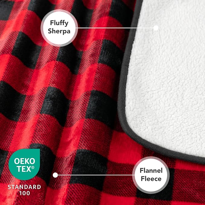 PETAMI Sherpa Fleece Waterproof CAT and Dog Blanket, Checkered RED, X-Large