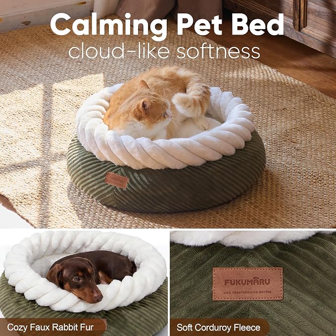 FUKUMARU Cat Bed, Calming Donut Dog Beds, Plush Faux Fur&Corduroy Kitten Beds, Cute Round Washable Pet Bed for Large Cats and Puppy, Cat Cave with Anti-Slip Bottom, 21inch, Green