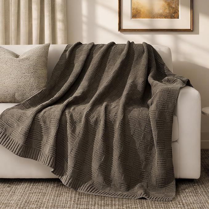 EVERGRACEHOME Modern Checkered Chenille Throw Blanket, Soft Cozy Plaid Knitted Chair Blanket for Sofa Couch, Decorative Knit Throw for Bed and Living Room, Mocha Brown, 50" x 60"