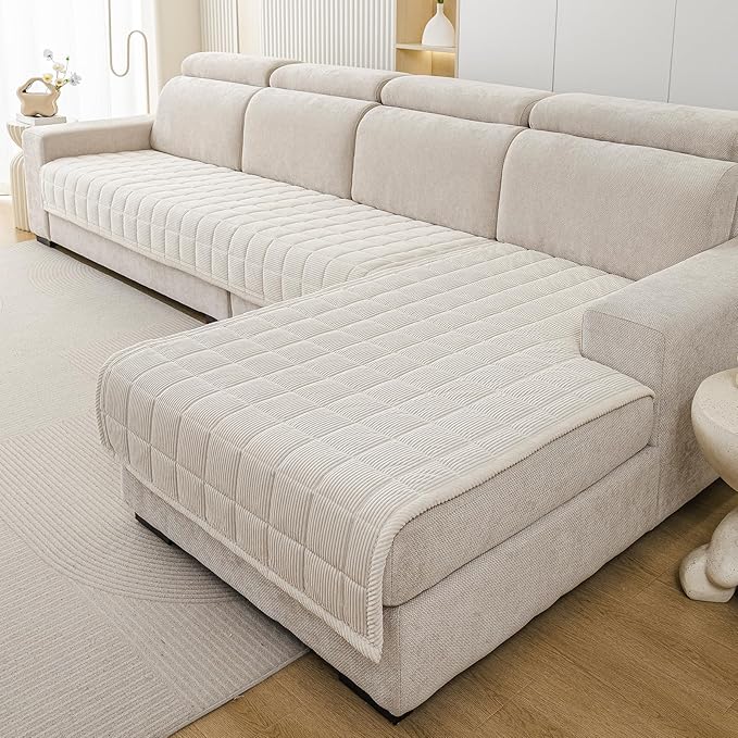 Velvet Couch Covers for Sectional Sofa Washable, Non-Slip L Shaped Sectional Couch Cover, Soft Pet Couch Covers for Sofa, Furniture Slipcovers for 3 Cushion Couch(1PC,35"x83",Beige White)