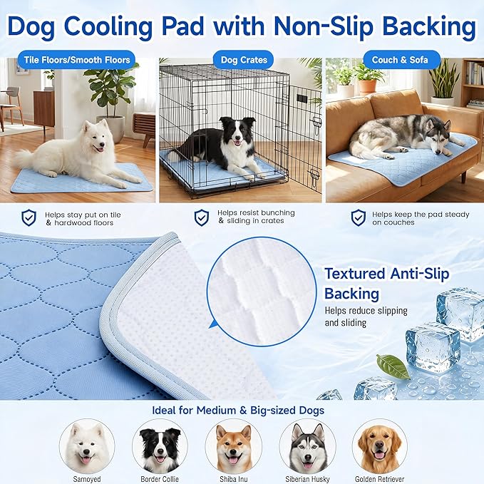 PatiencET Large Dog Cooling Mat, 32 x 44 in No-Gel Cooling Pad for Dogs, Cool Touch Nylon Pet Mat, Washable Dog Mat for Crate, Kennel, Bed, Floor, Sofa, Car, Blue