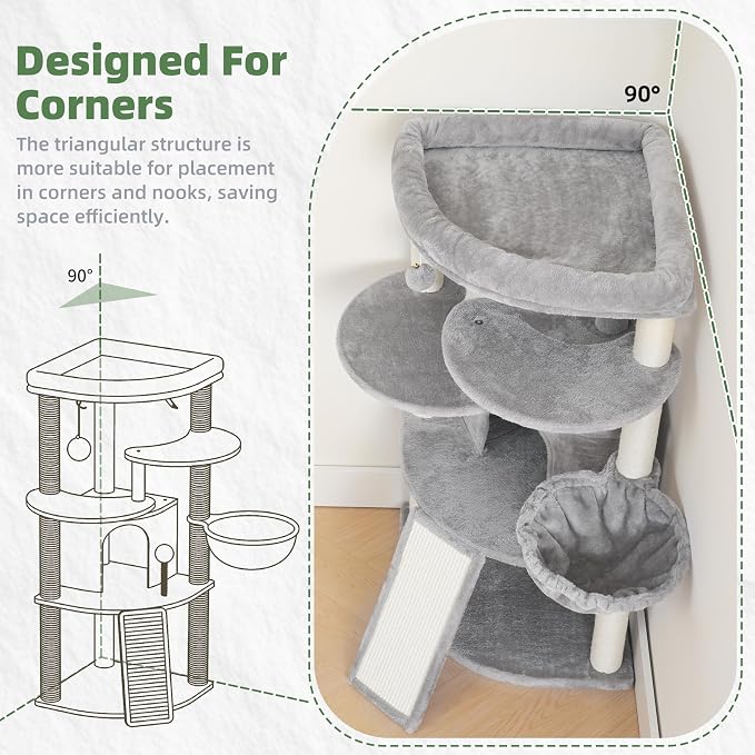 Gitelsnour Corner Cat Tree for Indoor Cats, Cat Tower with All Sisal Scratching Posts, Multi-Level Cat Condo wth Cat Cave, Large Top Perch, Hanging Basket, Sisal Ramp, Light Gray GCT025W