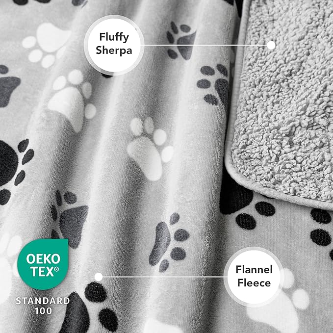 PETAMI Sherpa Fleece Waterproof CAT and Dog Blanket, PAW Gray, Large