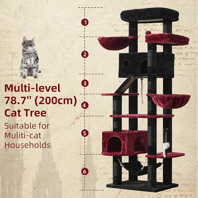 Gitelsnour Gothic Cat Tree for Large Cats, 78.7"(200cm) Tall Cat Tower for Indoor Cats Multiple Cats with Large Top Perch, Cat Condo, Cat Hammcok, Cat Scratching Post, Black and Red GCT031BR