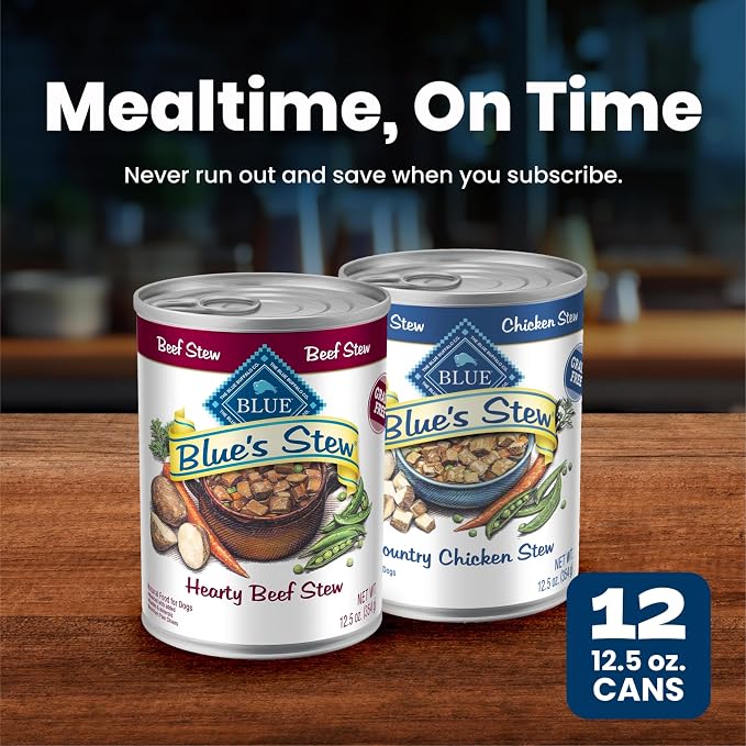 Blue Buffalo Blue’s Stew Variety Pack Hearty Beef & Country Chicken Stew with Peas, Carrots, & Potatoes in Thick Savory Gravy, Made with Natural Ingredients, 12.5-oz Cans (12 Count)