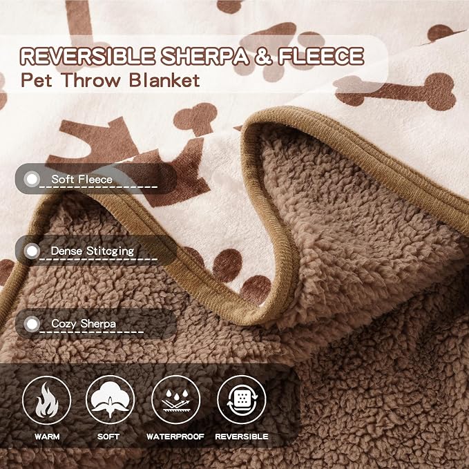 Waterproof Dog Blankets Pet Blanket 60"x80", Soft Fluffy Sofa Car Bed Protector, Reversible Sherpa Fleece Dog Blanket for Large Dogs(Beige-House)