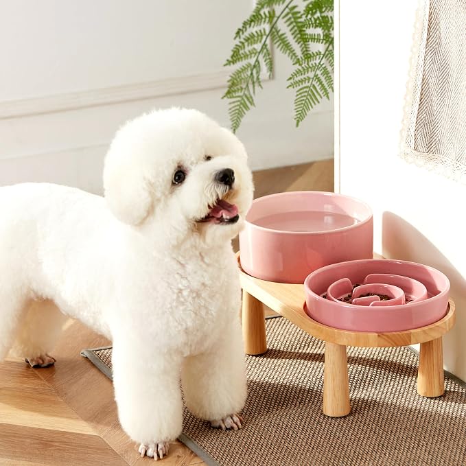 Ceramic Slow Feeder and Water Bowl Set for Medium and Large Dogs, 8.0 Inches Ceramic Dog Bowls Elevated with Wooden Stand, 2.0 Cups Dog Slow Feeder(30oz) and 70oz Water Bowl Set, Pink