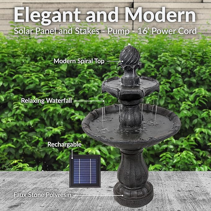 Sunnydaze 35" Solar 2-Tier Outdoor Water Fountain - Garden Water Feature with Battery Backup and Pump - Black
