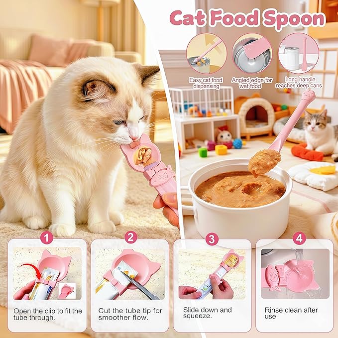 AZY 3-Piece Slow Feeder Cat Bowl Set, Silicone Cat Lick Mat, Cat Treat Dispenser & Food Spoon for Wet Food, Slow Eating & Daily Cat Enrichment (Pink)