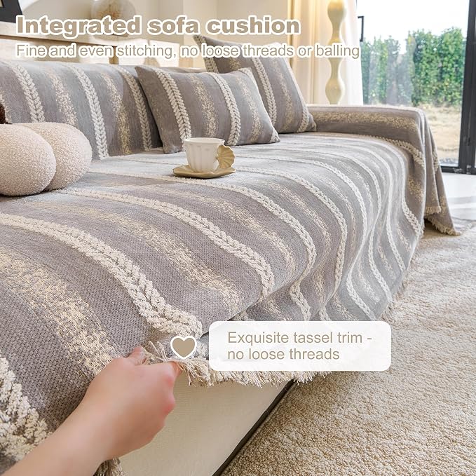 Couch Cover for Dogs Washable Sofa Cover, Sectional Couch Covers, Sofa Covers for 2 Cushion Couch, Non Slip Stripe Sofa Slipcovers Furniture Protector (Light Gray, 71 * 150)