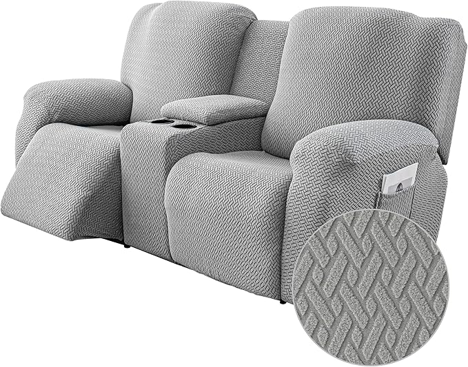 Genina Recliner Loveseat Covers with Console, Stretch Reclining Sofa Covers, 2 Seater Couch Cushion Stripe Jacquard Recliner Slipcovers - Furniture Protector Covers for Pet Kid (Light Gray)