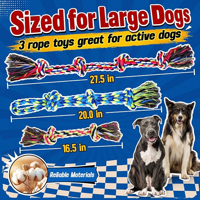 Forfon Tough & Strong Dog Toy for Aggressive Chewers – Tough Chew Toys for Large Dogs, Ideal for Tug-of-War & Teeth Cleaning, with 3 Rope Toys & 2 Dog Bags