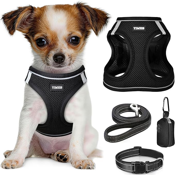 YIMEIS Dog Harness and Leash Set, No Pull Soft Mesh Pet Harness, Reflective Adjustable Puppy Vest for Small Medium Large Dogs, Cats (Black-Update, X-Small (Pack of 1)