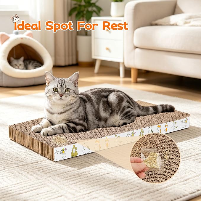 PatiencET Cat Scratcher Cardboard Pads for Indoor Cats, 4-Pack Mixed Flat and Wavy, Catnip Included