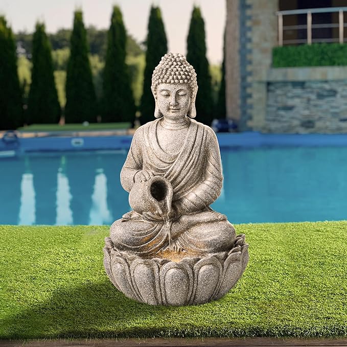 Glitzhome Buddha Fountain Outdoor 20.5" H, 2-Tier Zen Style Concrete Meditating Buddha Statues Water Fountains with Pump & LED Light, Buddhas Floor Fountains Sculpture for Garden Patio Backyard