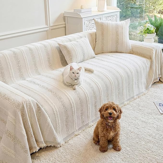 Couch Cover for Dogs Washable Sofa Cover, Sectional Couch Covers, Sofa Covers for 2 Cushion Couch, Non Slip Stripe Sofa Slipcovers Furniture Protector (Beige, 91 * 150)