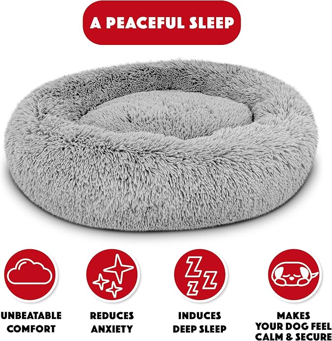 The Dog’s Bed Calming Donut Dog Bed, Plush Faux Fur Round Cuddler Nest – CertiPUR-Certified Foam, One-Piece Design, Raised Bolster – Medium (30"), Silver Grey