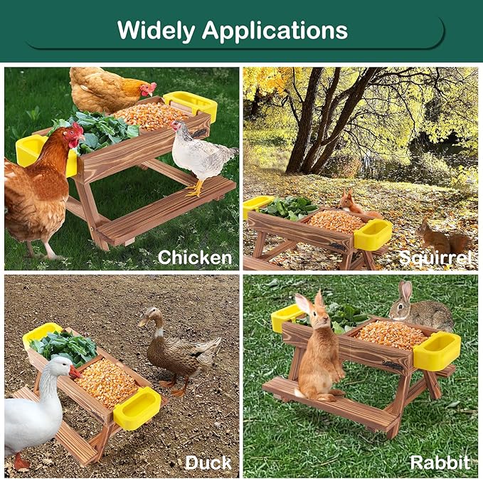 Boulphia Chicken Feeders and Waterers, Chicken Feeder No Waste Kit with Picnic Table and 2 Water Feeder, Handmade Wooden Chicken Supplies & Accessories for Chicken Coop