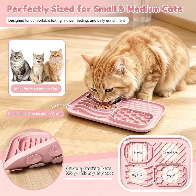 AZY 3-Piece Slow Feeder Cat Bowl Set, Silicone Cat Lick Mat, Cat Treat Dispenser & Food Spoon for Wet Food, Slow Eating & Daily Cat Enrichment (Pink)