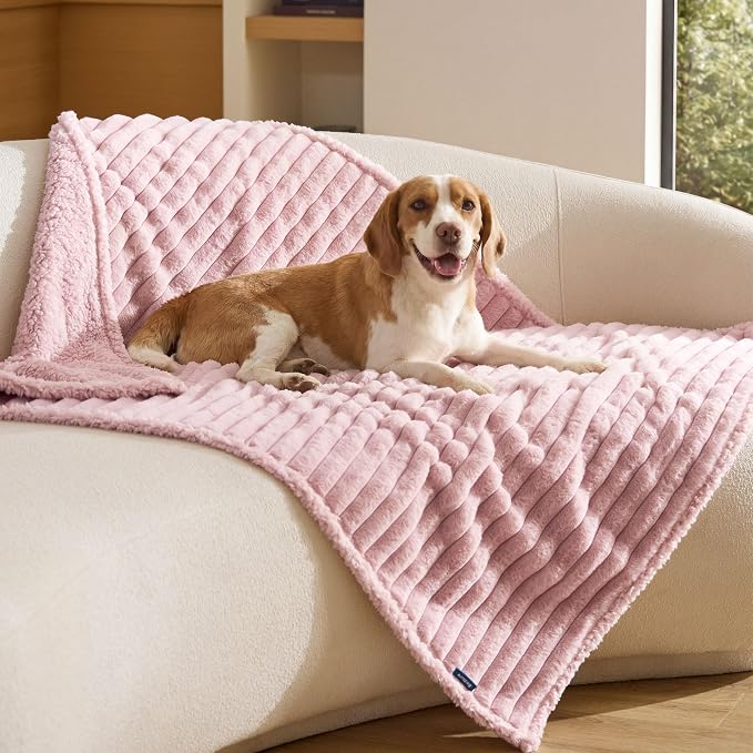 Bedsure ComfyFleece™ Waterproof Dog Blankets for Large Dogs - Soft Pet Cat Blanket Corduroy Fleece for Couch Protector Washable, Cozy Calming Reversible Furniture Protection,40"x50", Blush Pink