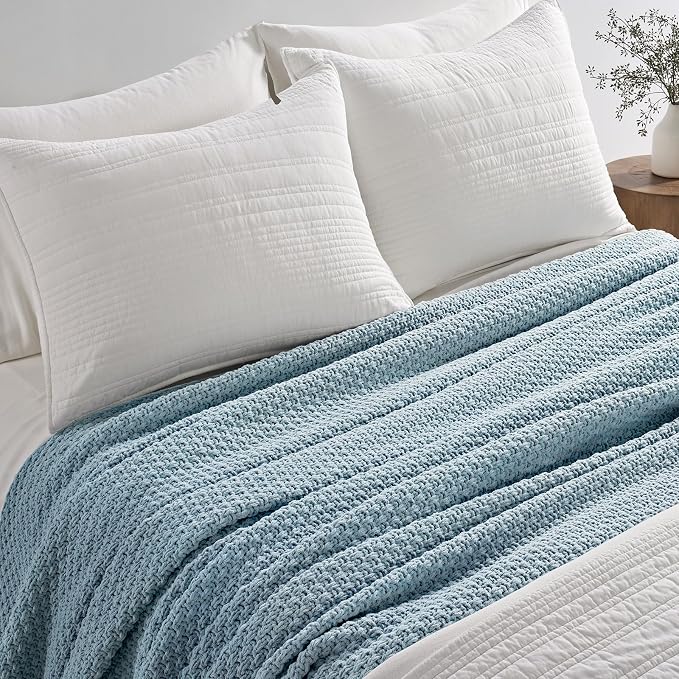 EVERGRACEHOME Chunky Chenille Knit Throw Blanket for Couch, Soft Luxurious Oversized Queen Moss Stitch Blanket for Bed, Cozy Farmhouse Knitted Throw for Sofa, Chambray Blue, 90" x 90"