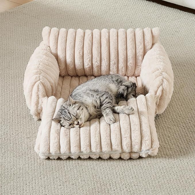 Hollypet Cat Bed Fluffy Plush Multifunctional Double-Layer Machine Washable Soft Warming Kitty Pet Couch Orthopedic Nest Beds for Small Cats Kitten and Dogs up to 13lbs, Cream(21x15x8 inch)