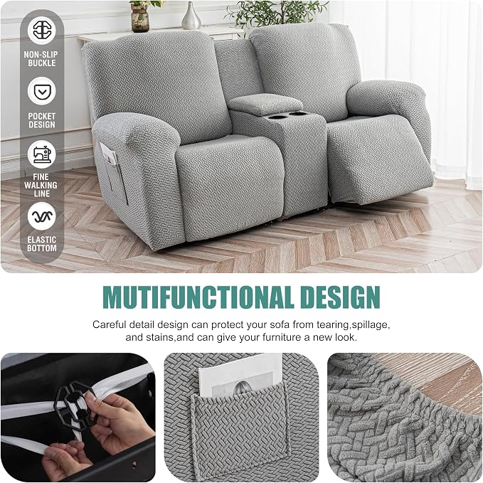 Genina Recliner Loveseat Covers with Console, Stretch Reclining Sofa Covers, 2 Seater Couch Cushion Stripe Jacquard Recliner Slipcovers - Furniture Protector Covers for Pet Kid (Light Gray)