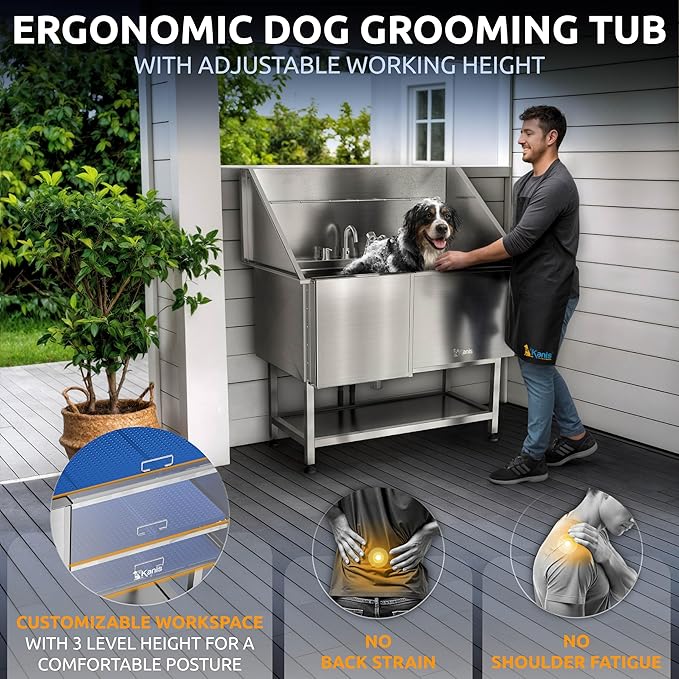 KANIS Professional Dog Washing Station 304 Stainless Steel Pet Wash Sink & Grooming Bathtub w/Shower, Floor Grates and Storage for Large, Medium & Small Pets (Silver, 50 Inches, Left Ramp, Shelf)