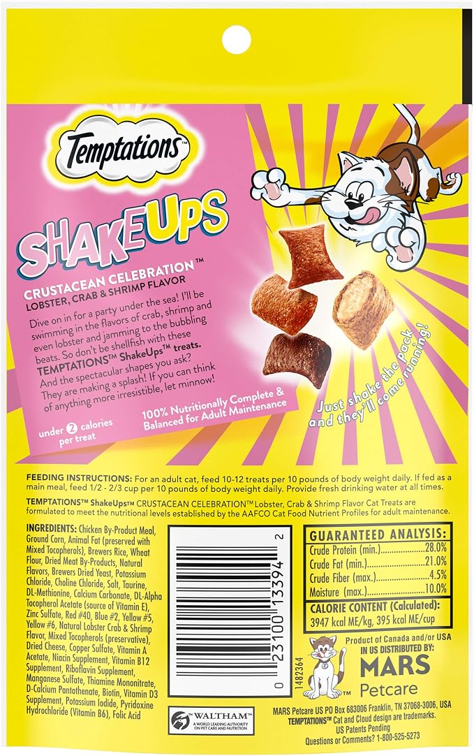 Temptations Cat Treat ShakeUps, Crunchy and Soft Cat Treats, Crustacean Celebration, 2.47 oz. Pouches (Pack of 12)