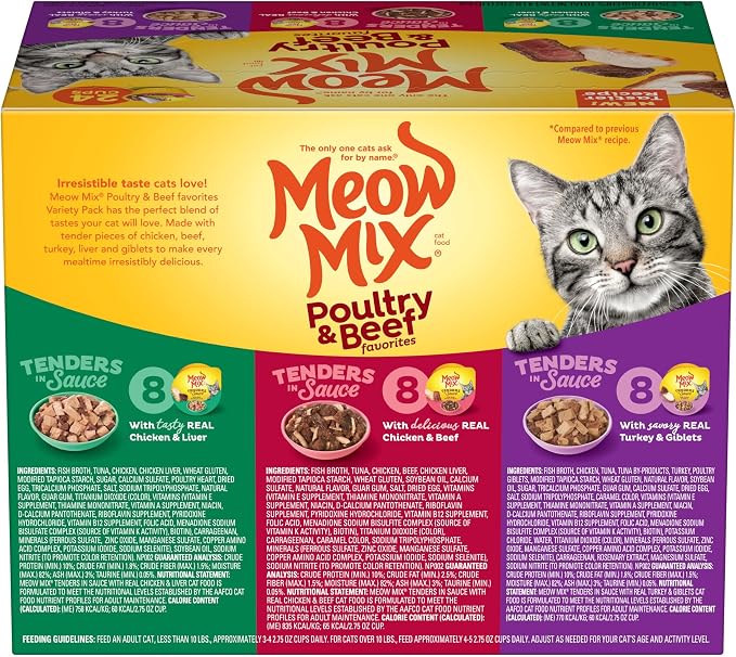 Meow Mix Tender Favorites Poultry & Beef Variety Pack, Wet Cat Food, 2.75 oz Cup (24 Pack)