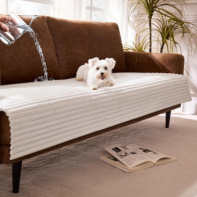 Waterproof Dual Non-Slip Couch Cover for Dogs, Fuzzy Soft Pet Couch Covers for 2 Cushion Sofa loveseat, Pet Friendly Soft Dog Bed Covers Sofa Cover Washable (White, 33" x 62" 1 Pack)